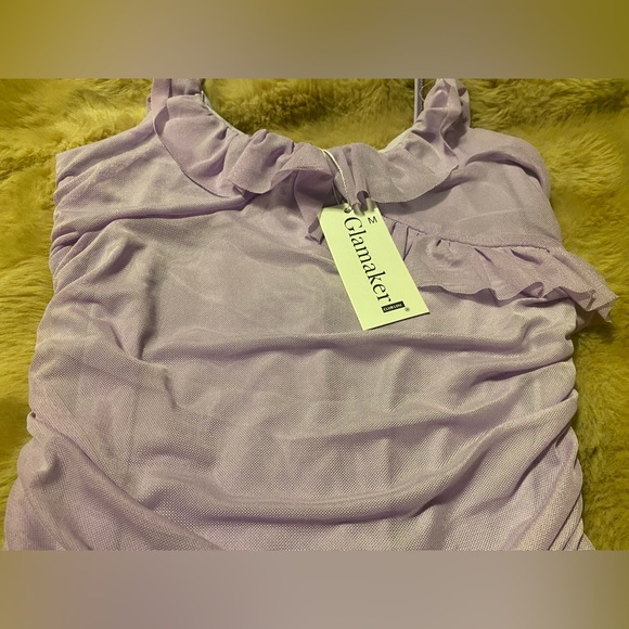 Glamaker Ruffle Trim Ruched Mesh
Bodycon Cami Dress LILAC Medium - Picture 4 of 8